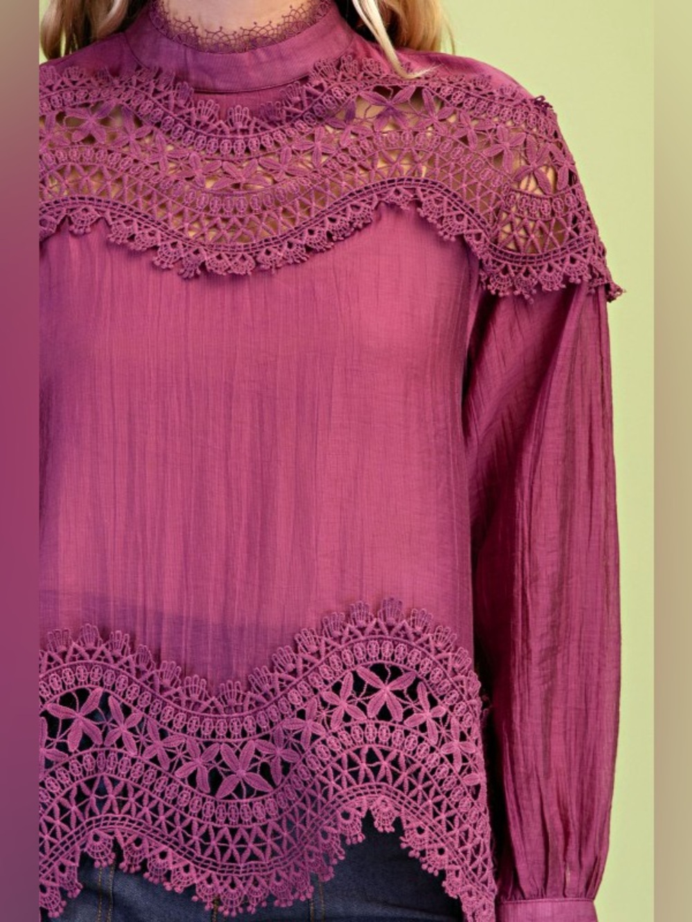 Sheer High-Neck Lace Patchwork Blouse – Plum - Picture 3 of 7